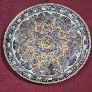 Intricate Stained Glass Decorative Plate with Gold and Blue Accents On Brass